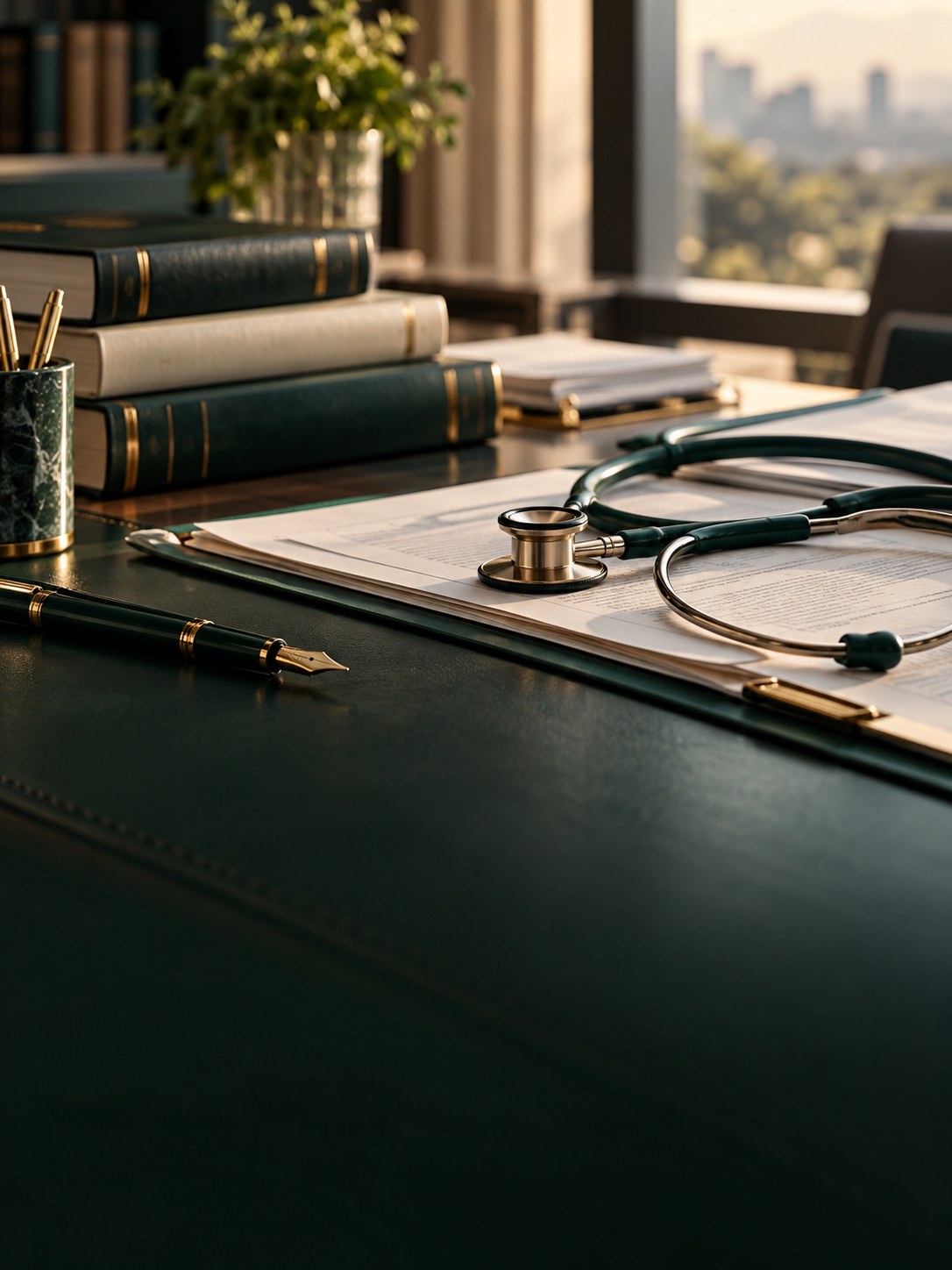 Mesa de trabalho com livros de direito, documentos e um estetoscópio